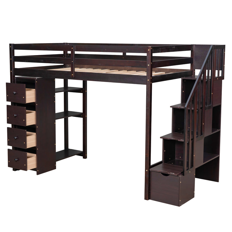 Twin size Loft Bed with Storage Drawers and Stairs, Wooden Loft Bed with Shelves - Espresso