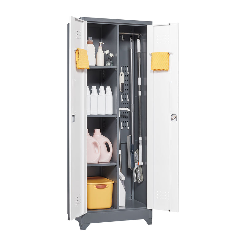 Metal Storage Cabinets, Cleaning Tool Cabinet With Locking Door, Tall Broom Tool Organizer And Storage, Large Storage Cabinet For Kitchen