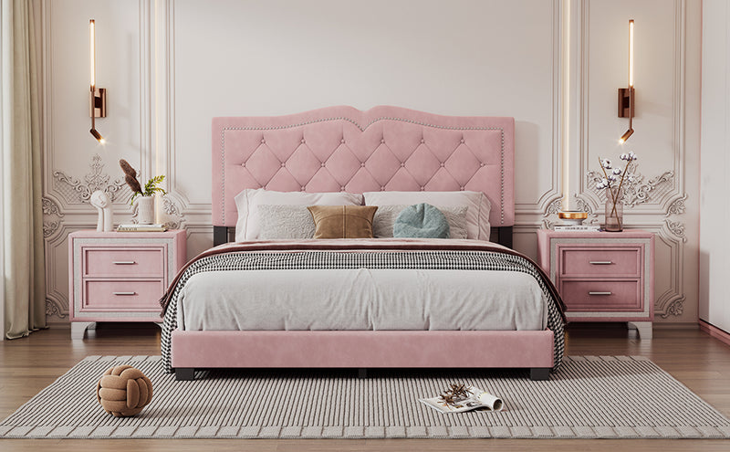 Queen Size Upholstered Bed Frame with Rivet Design, Modern Velvet Platform Bed with Tufted Headboard,Pink