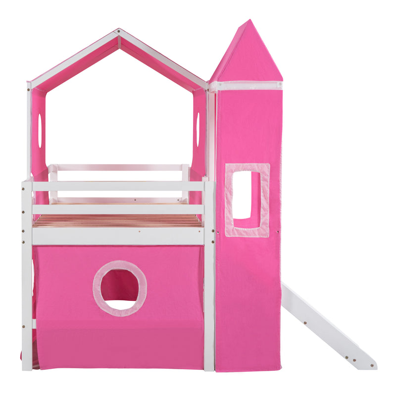 Twin Size Bunk Bed with Slide Pink Tent and Tower - Pink