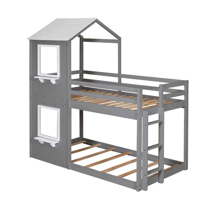 Twin Over Twin Bunk Bed Wood Bed & Roof, Window, Guardrail, Ladder