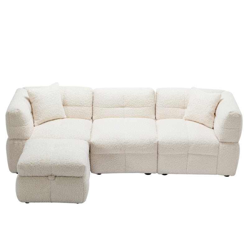 Sectional Sofa Cozy Teddy Fleece Sectional Sofa Couch With Two USB Ports A Movable Storage Ottoman And Two Lumbar Pillows For Living Room