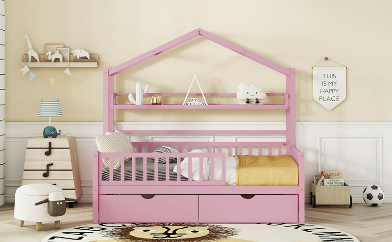 Wooden Full Size House Bed with 2 Drawers,Kids Bed with Storage Shelf, Pink