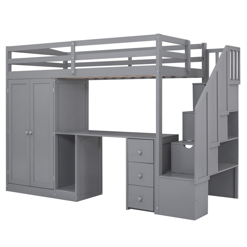 Twin Size Loft Bed with Wardrobe and Staircase, Desk and Storage Drawers and Cabinet in 1,Gray