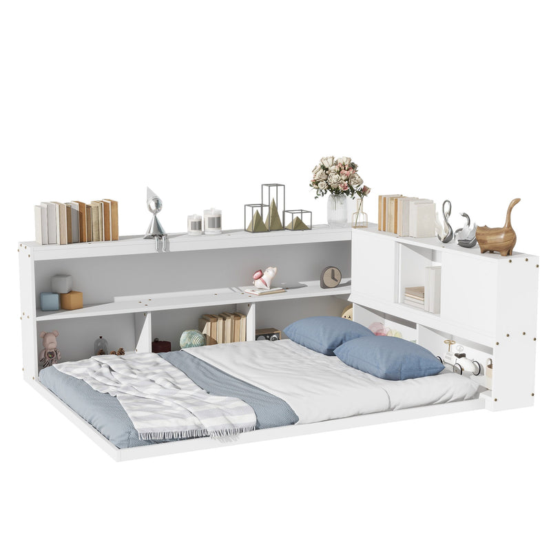 Floor Bed With L-Shaped Bookcases, Sliding Doors, Without Slats