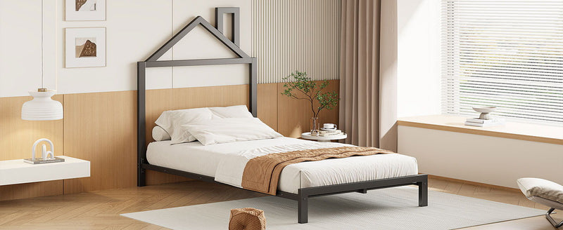 Twin Size Metal Platform Bed With House-Shaped Headboard Design