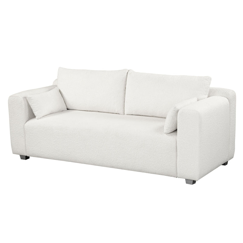 Modern Loop Yarn Sofa, One Piece Seat Frame, Minimalist 2-3 Seat Couch Easy To Install, Loveseats With Extra Wide Domed Arms (2 Pillows) - White