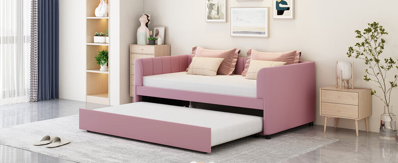 Twin Size Upholstered Daybed with Ergonomic Design Backrest and Trundle, Pink