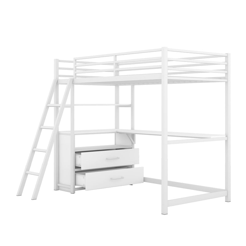 Twin Size Metal&Wood Loft Bed with Desk and Shelves, Two Built-in Drawers, White