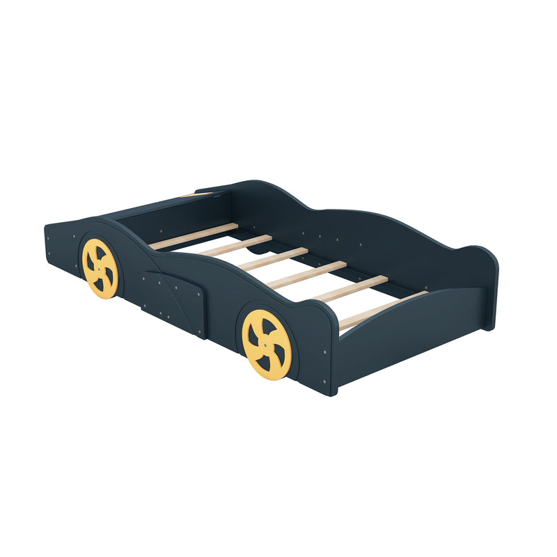 Twin Size Race Car-Shaped Platform Bed with Wheels and Storage, Dark Blue+Yellow