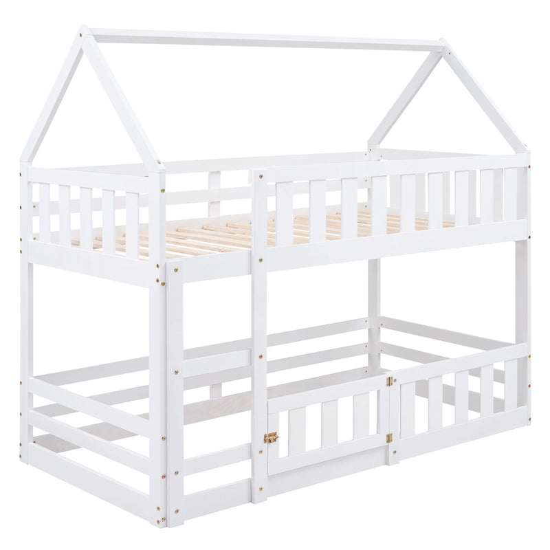 Twin Over Twin House Bunk Bed With Fence And Door - Gray