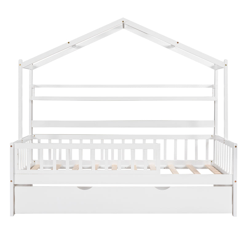 Wooden Twin Size House Bed with Trundle,Kids Bed with Shelf, White