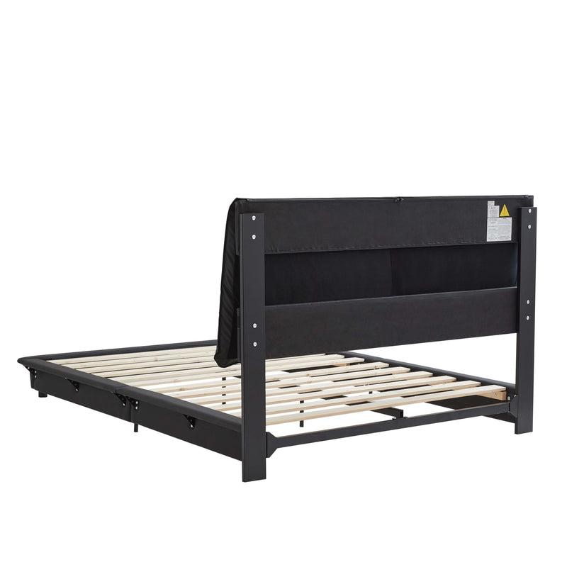 Queen Size Upholstered Platform Bed with Sensor Light and Ergonomic Design Backrests, Black