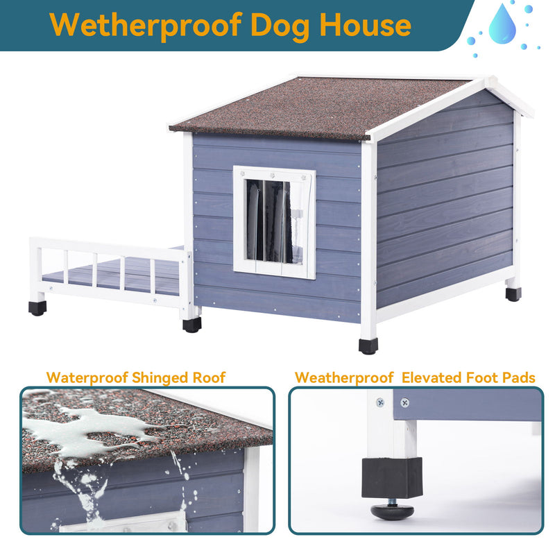 Large Wooden Dog House Indoor Outdoor With Terrace And Open Waterproof Asphalt Roof, Outdoor Dog House With Raised Floor, Windows And Door Curtains, Suitable For Small And Medium Dogs - Gray