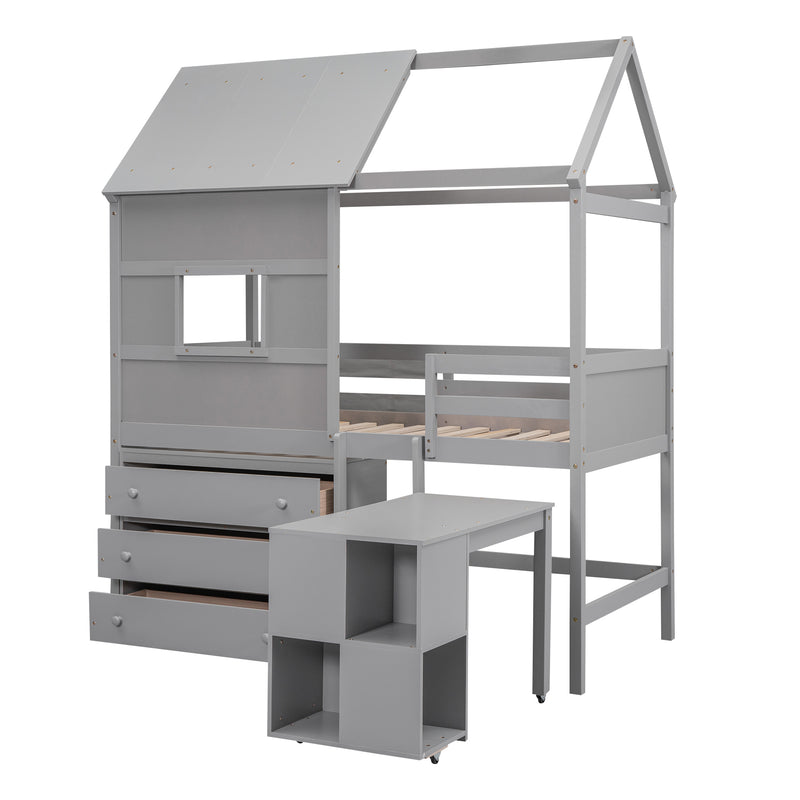 Twin Size House Loft Bed with Storage Desk and 3 Drawer Chest, Gray