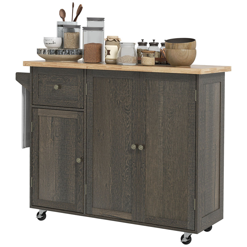 Homcom - Triple-Cabinet Rolling Kitchen Island On Wheels, Kitchen Cart With Storage Shelf Adjustment, Rolling Utility Cart With Wood Top, Towel Rack, Big Drawer - Distressed Brown