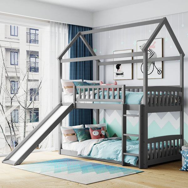 Twin Over Twin Bunk Bed with Slide, House Bed with Slide, Gray(OLD SKU: LT000213AAE