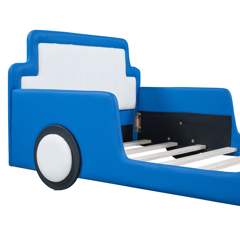 Twin Size Race Car-Shaped Platform Bed with Wheels,Blue