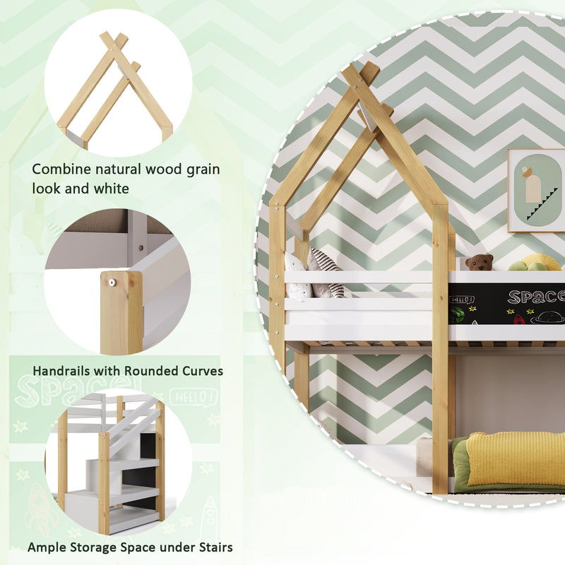 Twin over Twin House Bunk Bed with White Storage Staircase and Blackboard, White and Natural