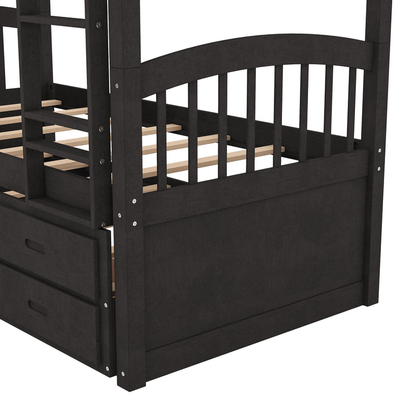 Twin over Twin Wood Bunk Bed with Trundle and Drawers, Espresso