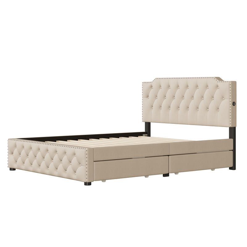 Queen Size Upholstered Platform Bed with 2 Drawers and 2 sets of USB Ports on each side, Linen Fabric, Beige