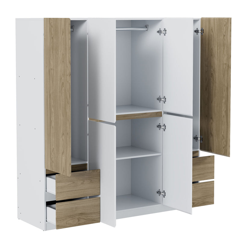 6 Doors Wardrobe Storage For Bedroom, With 4 Drawers - White / Nature