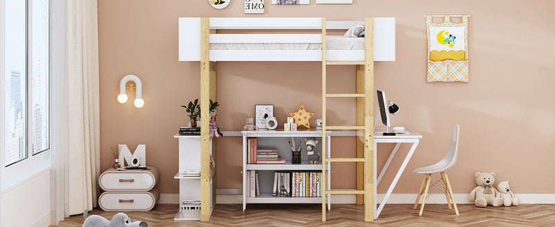 Twin Size Wood Loft Bed With Built-in Storage Cabinet and Cubes, Foldable desk, White