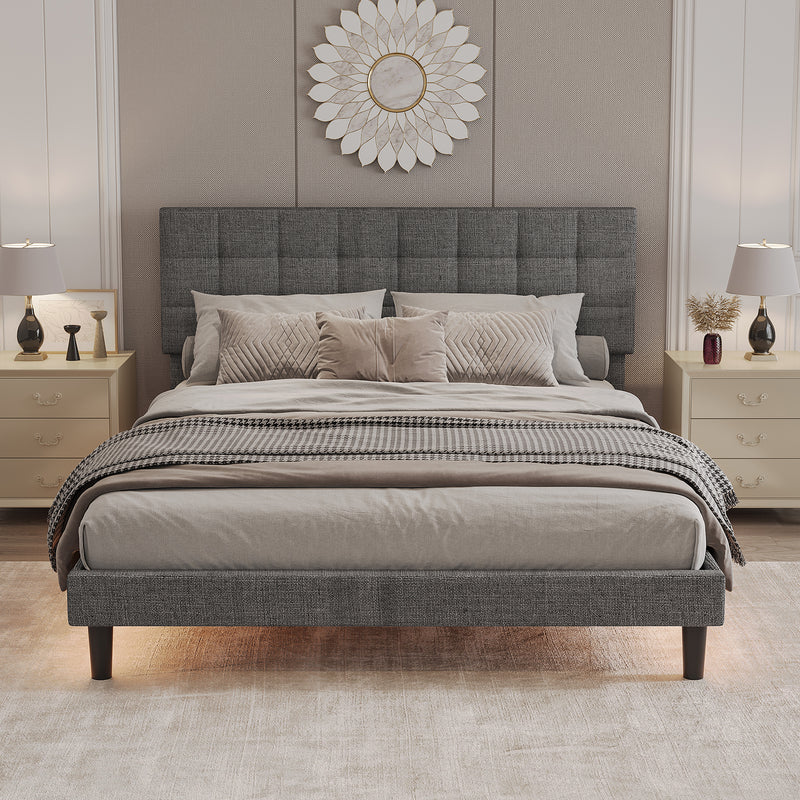 Queen Size Upholstered Platform Bed Linen Bed Frame with Lights Square Stitched Adjustable Headboard Strong Bed Slats System No Box Spring Needed Grey