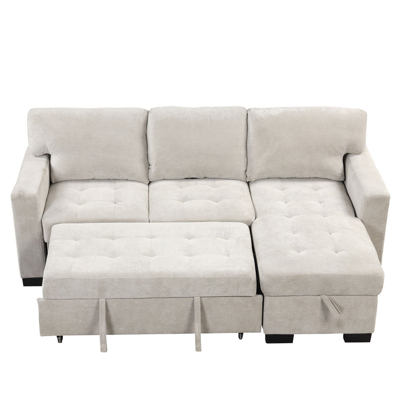 Stylish And Functional Light Chaise Lounge Sectional With Storage Rack Pull-Out Bed Drop Down Table And USB Charger