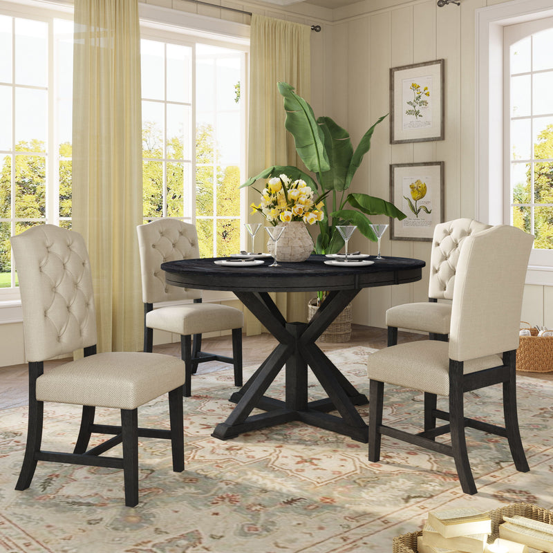 Functional Furniture Retro Style Dining Table Set With Extendable Table And 4 Upholstered Chairs For Dining Room And Living Room