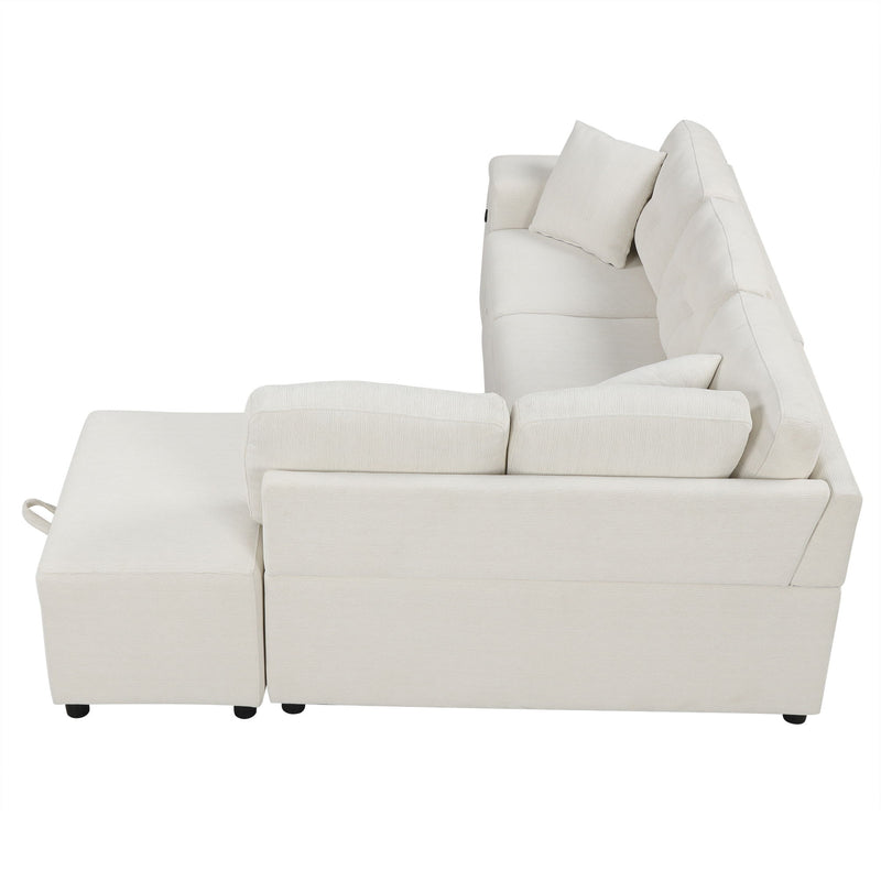 Sectional Sofa L-Shaped Sofa Couch Pull-Out Sofa Bed With A Movable Ottoman, Two USB Ports And Two Cup Holders For Living Room