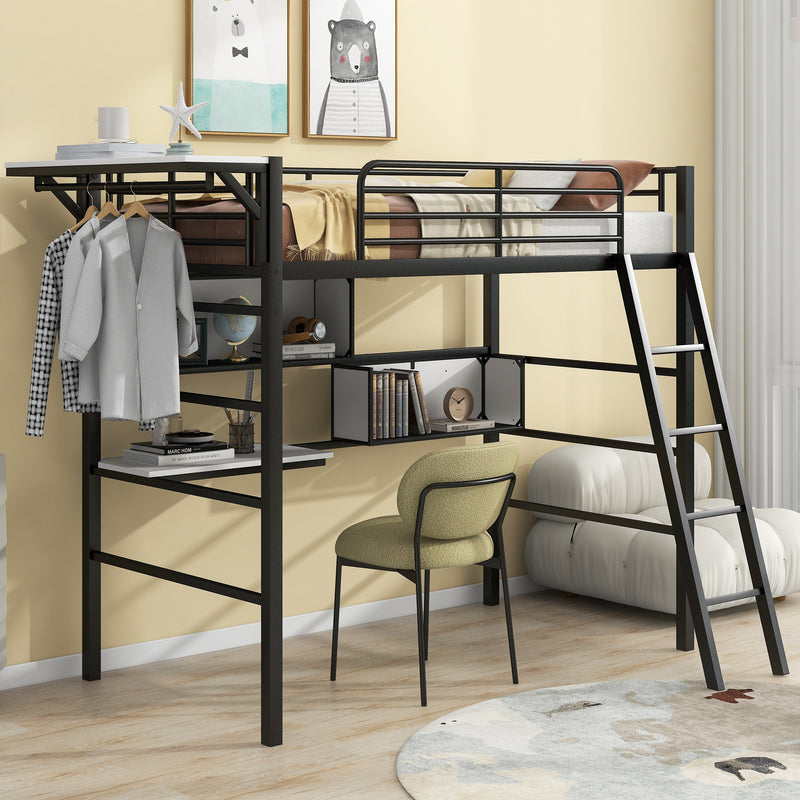 Twin Size Metal Loft Bed with 2 Shelves, a desk and a Hanging Clothes Rack, Black and White