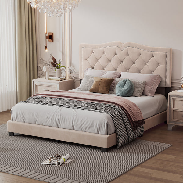 Queen Size Upholstered Bed Frame with Rivet Design, Modern Velvet Platform Bed with Tufted Headboard,Beige