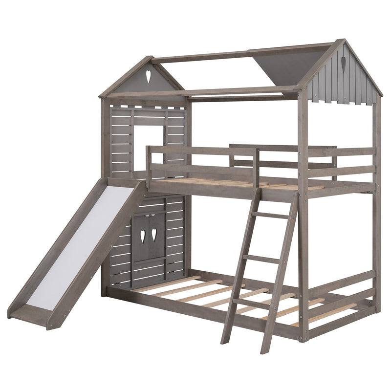 Twin Over Twin Bunk Bed Wood Bed with Roof, Window, Slide, Ladder ,Antique Gray(OLD SKU:LP000059AAE)