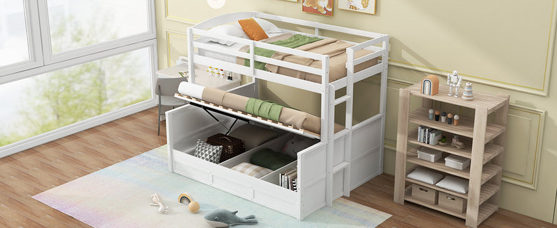 Wood Twin over Full Bunk Bed with Hydraulic Lift Up Storage, White