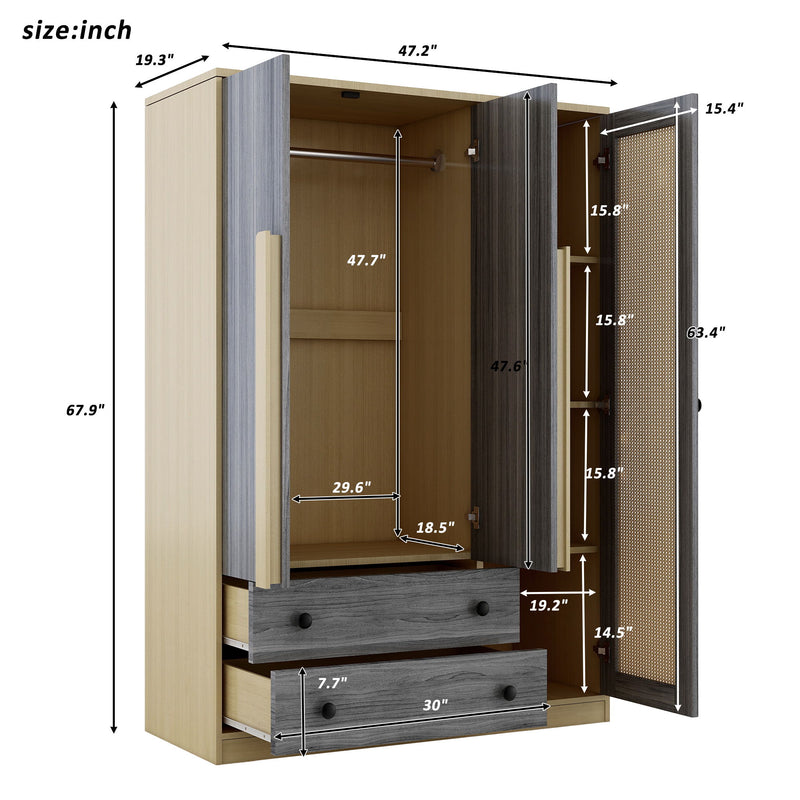 3 Doors Rattan Wardrobe Storage For Bedroom, With 2 Drawers