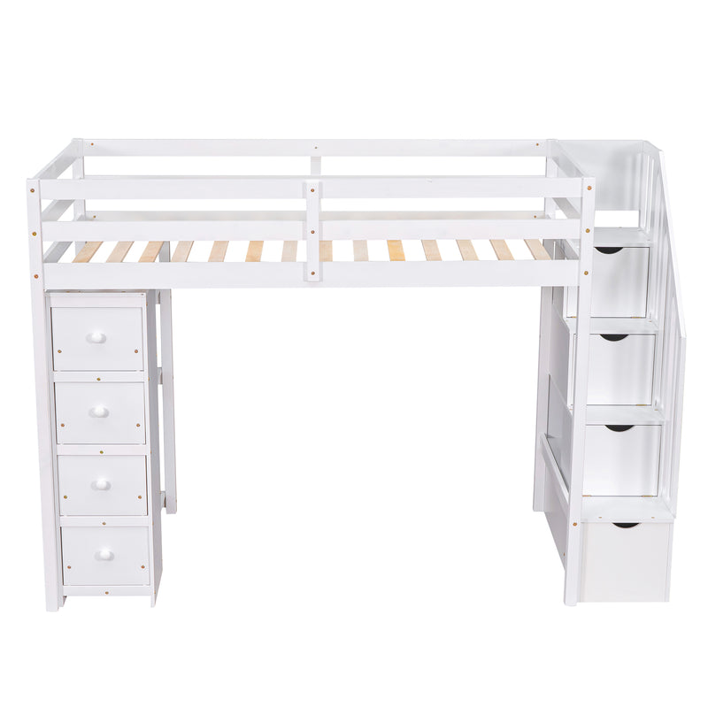 Twin size Loft Bed with Storage Drawers and Stairs, Wooden Loft Bed with Shelves - White