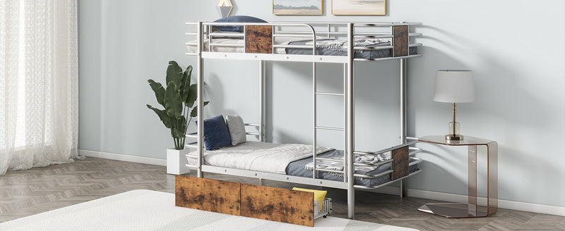 Twin XL over Twin XL Metal Bunk Bed with MDF Board Guardrail and Two Storage Drawers,Silver