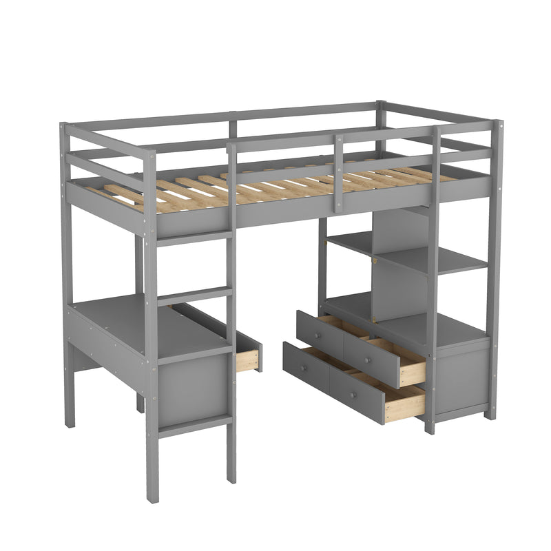 Twin  Size Loft Bed with Built-in Desk with Two Drawers, and Storage Shelves and Drawers,Gray