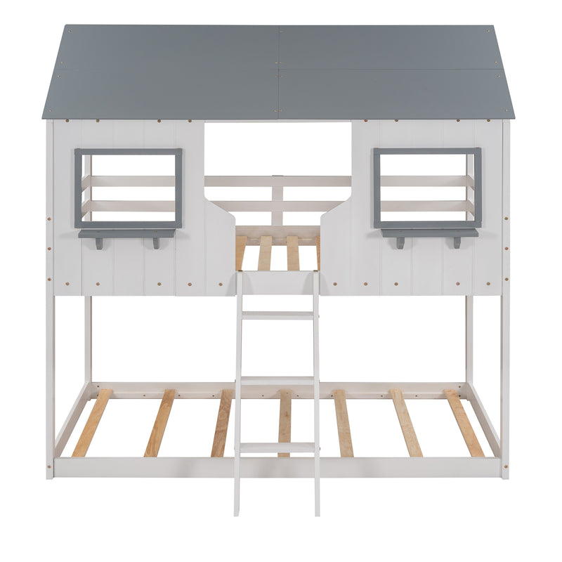 Twin Over Twin Bunk Bed Wood Bed with Roof, Window, Guardrail, Ladder (White)(OLD SKU :LP000045AAK)