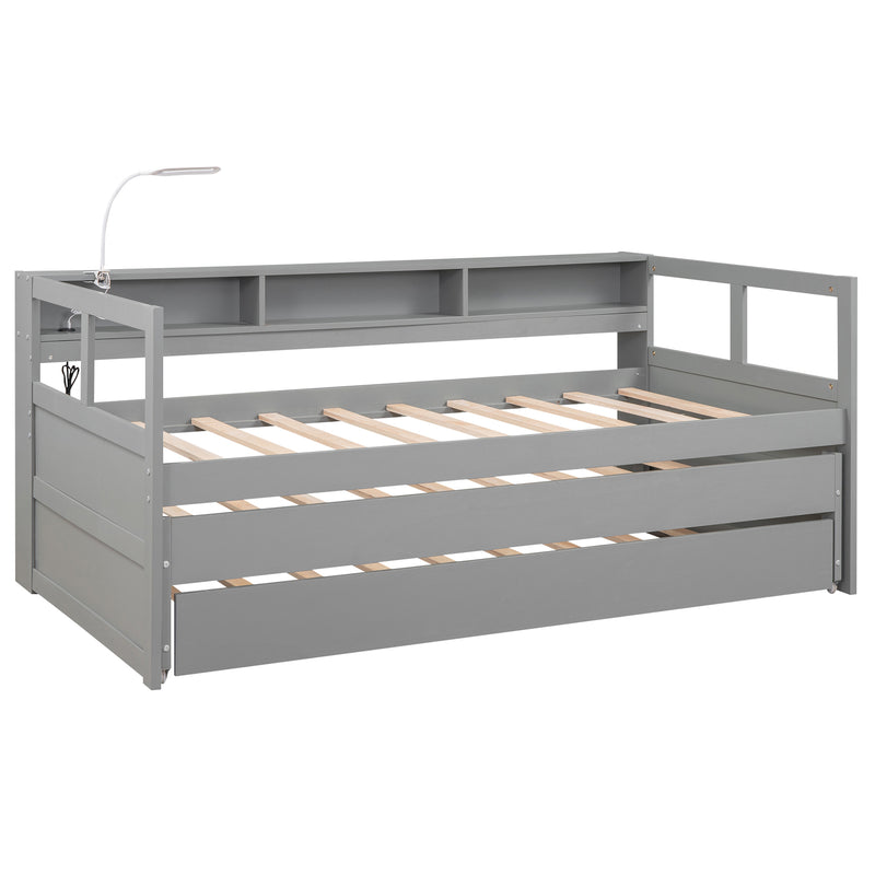 Twin XL Wood Daybed with 2 Trundles, 3 Storage Cubbies, 1 Light for Free and USB Charging Design, Gray