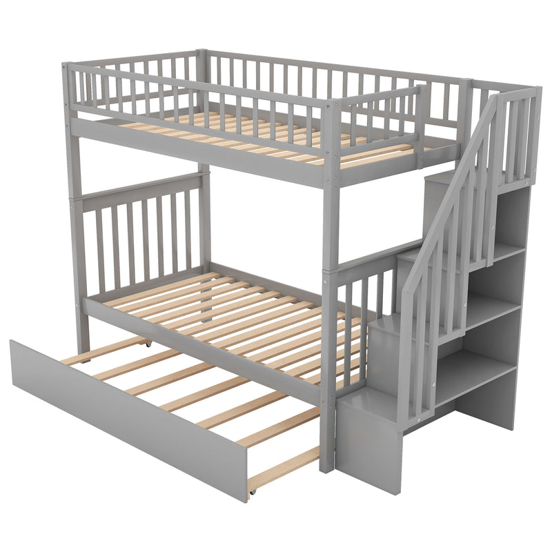 Twin Over Twin Bunk Bed With Trundle And Storage - Gray