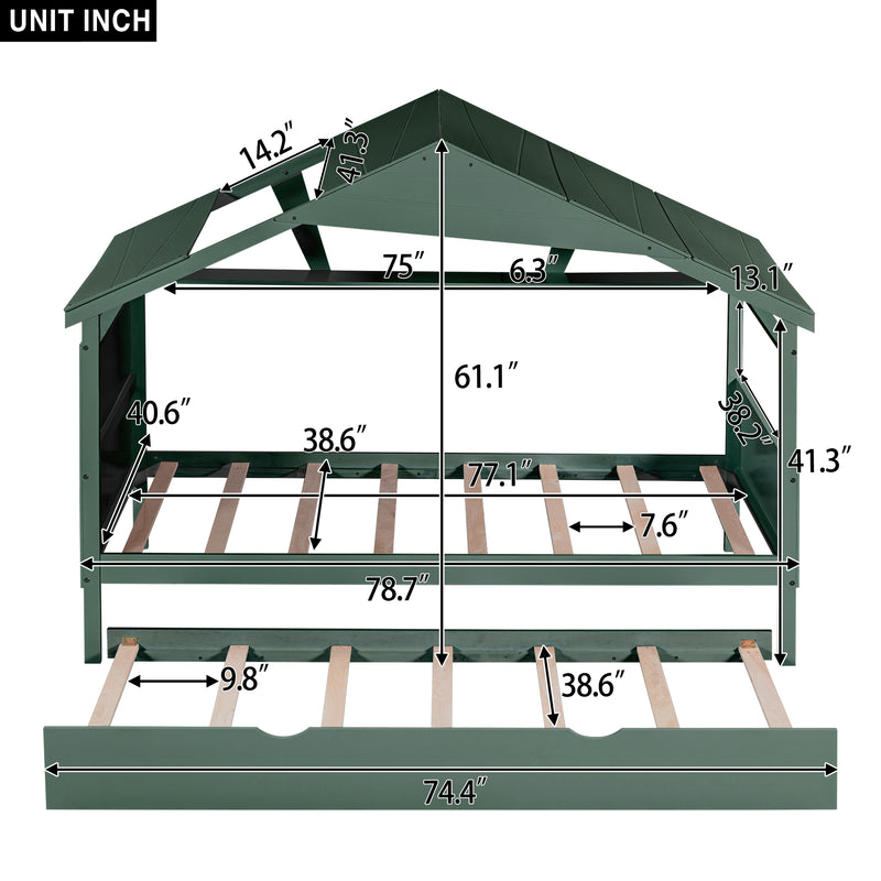 Wood Twin Size House Bed with Trundle and Storage, Green