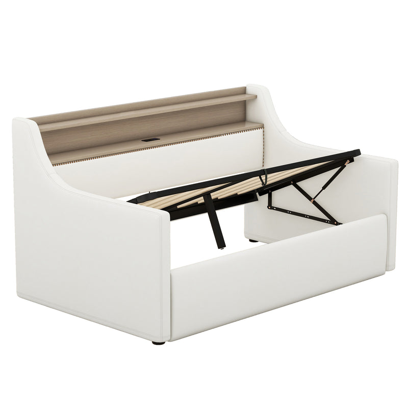 Twin Size Daybed with Hydraulic Storage, Upholstered Daybed with Lift Up Storage, Twin Leather Daybed with Charging Station and LED Lights,White(Expect arrival date Feb.13rd)