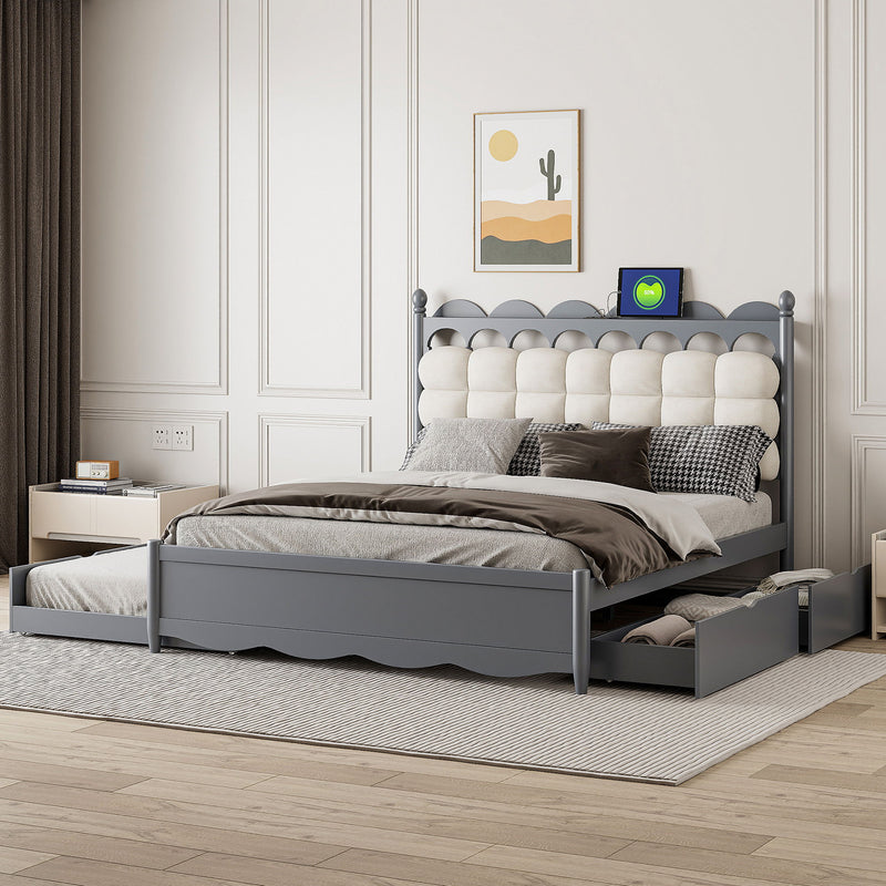 Storage Platform Bed, With 2 Big Drawers, Trundle, One Set Of Sockets & USB Ports