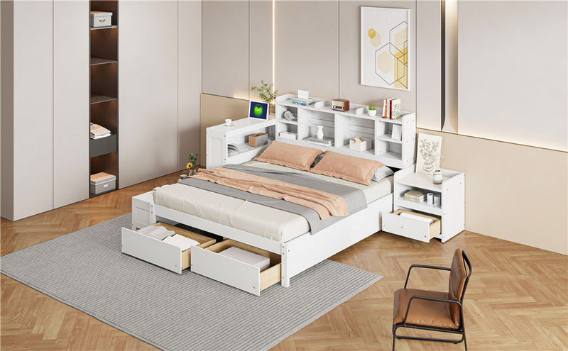 Platform Bed With Multi Functional Storage Space, Nightstand, 2 Drawers, USB Ports And Desk