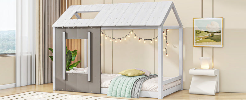 Twin Size House Platform with Roof and Window, White+Antique Grey(Old SKU: WF294130AAE)