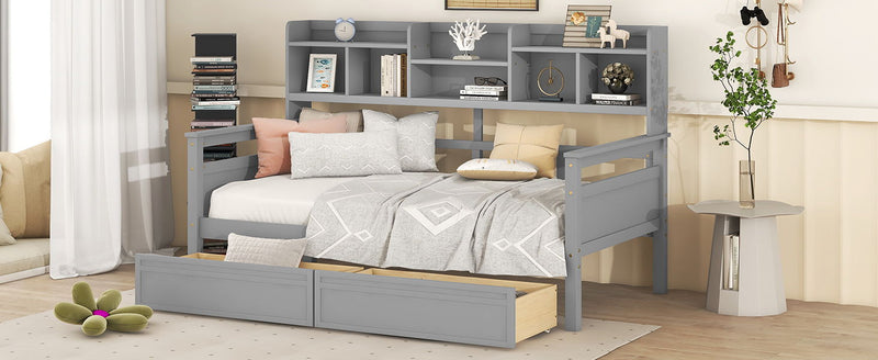 Daybed, Wood Slat Support, With Bedside Shelves And Two Drawers