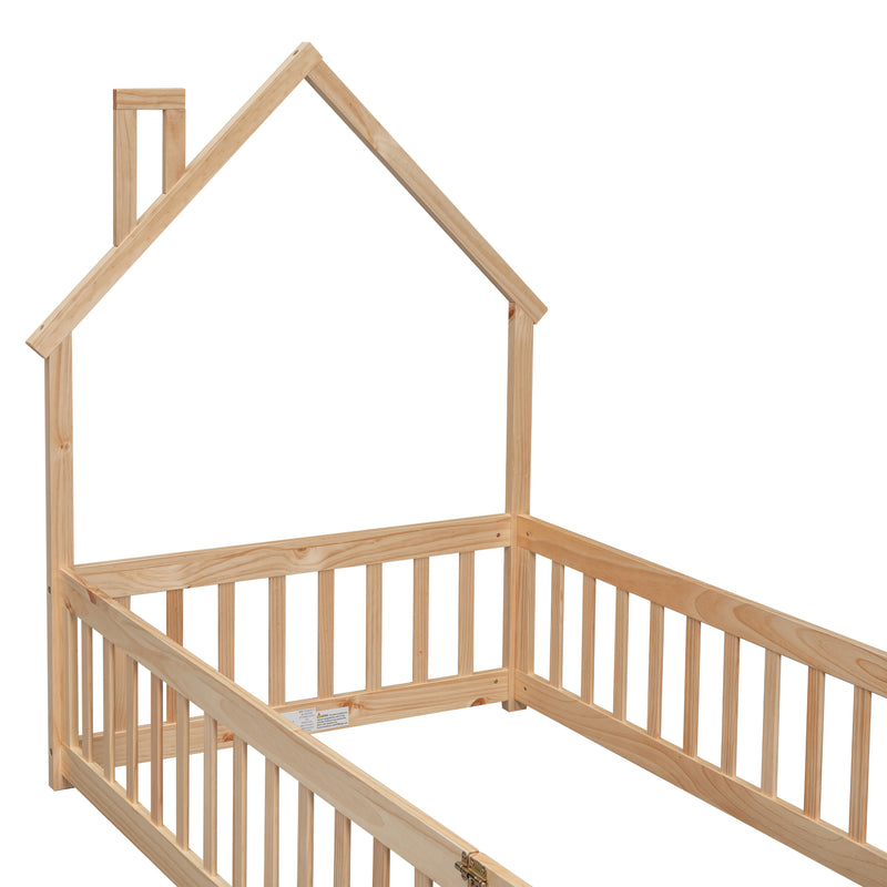 Twin House-Shaped Headboard Floor Bed with Fence
,Natural