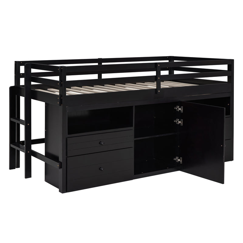 Twin Size Loft Bed with 4 Drawers, Underneath Cabinet and Shelves, Espresso